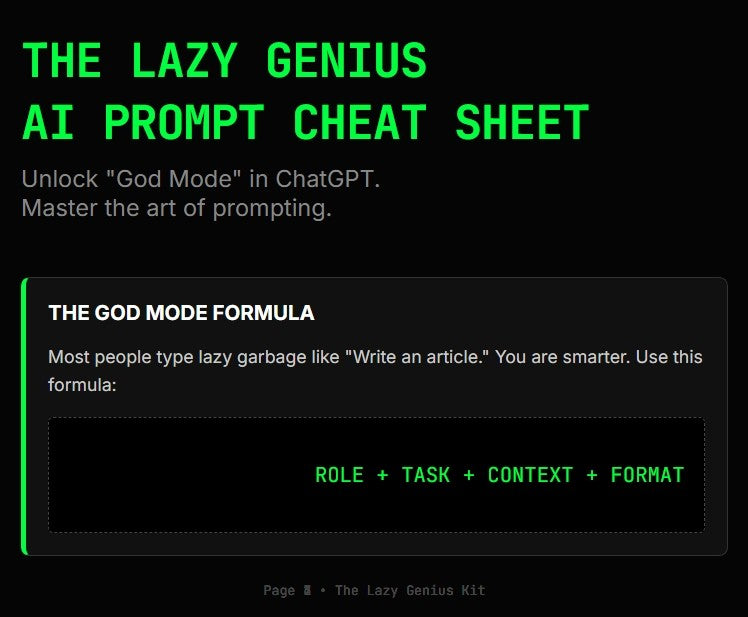 The Lazy Genius: AI Prompt Cheat Sheet (God Mode Edition)